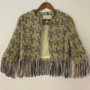 Emin and Paul Tweed Fringe Yellow Green Black Lady Jacket Wool Blend EUC Crop S